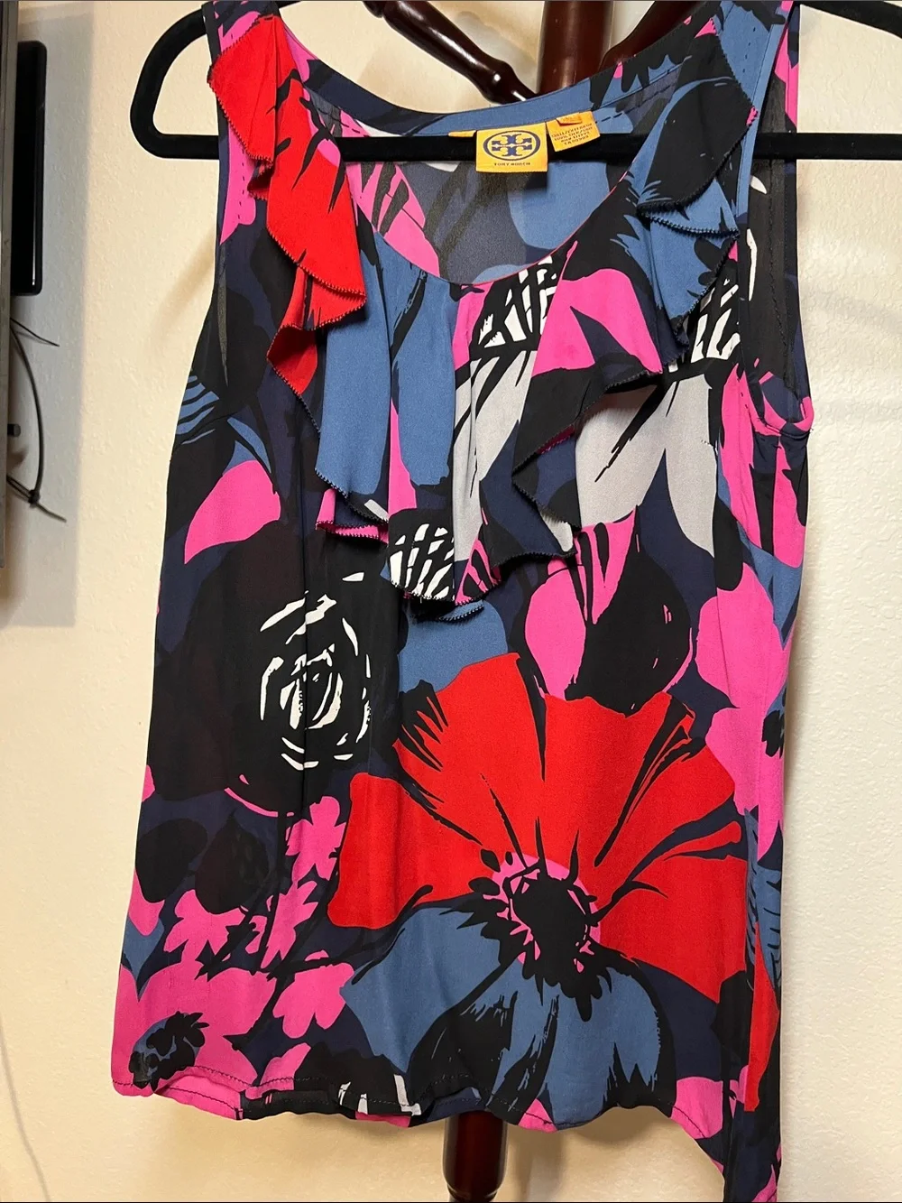 Tory Burch Sleeveless Floral Ruffle Top - Pink, Red & Blue